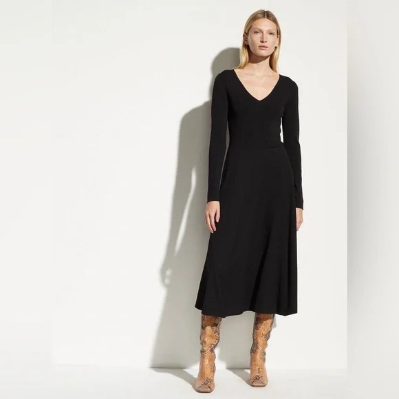 Vince Dresses Nwt Vince Mixed Media Vneck Midi Dress In Black